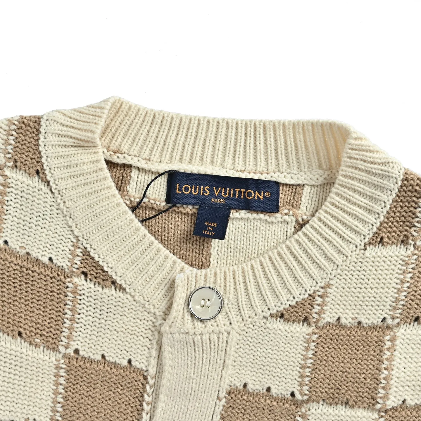 Louis Vuitton/Louis Vuitton Khaki Cream White Checkerboard Hollow Round Neck Knitted Cardigan